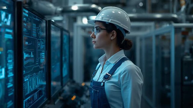 Monitoring plant operator studying blue screens at control room, wearing white hardhat and overalls