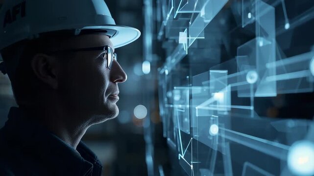 Responding to hologram alert, engineer with AFI hard hat monitoring interface at plant, copy space
