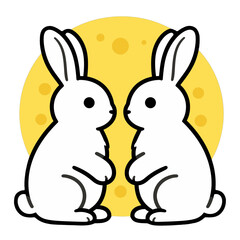 Two rabbits facing each other under a moon.