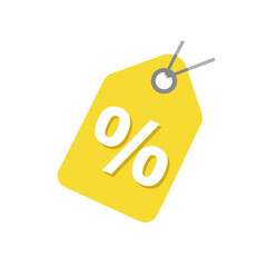 Yellow discount tag vector icon with percentage symbol.