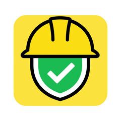 Yellow Hard Hat Icon With Green Checkmark Shield.