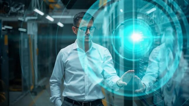 Touching screen, tech in white shirt activating teal holographic UI in data center, monitoring logs