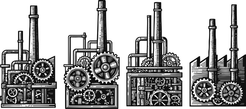Set of four vintage industrial factory machines with gears, pipes, and chimneys in black and white