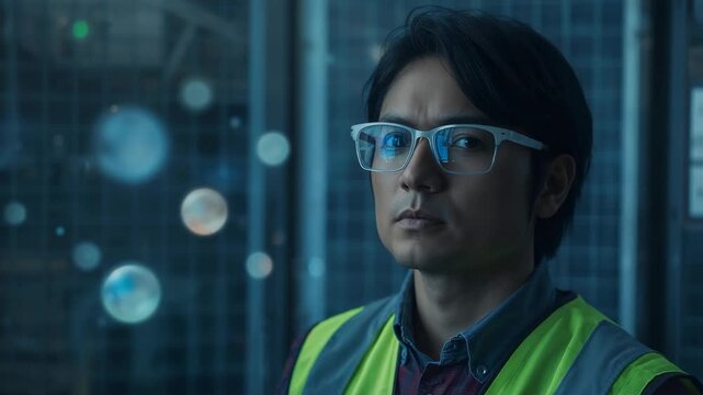 Standing technician in hivis vest, specs shifting gaze after blinking by server racks, copy space