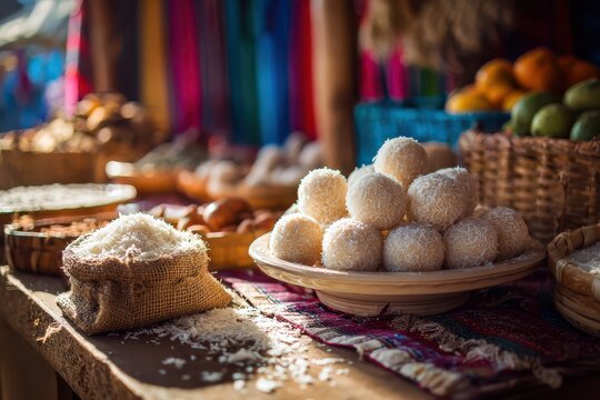 Sunlit market display of Peruvian cocadas: bite-sized coconut desserts