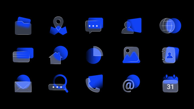 Modern 3D Glassmorphism UI Icon Set with Blue Gradient on Dark Background