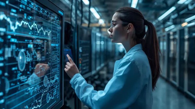 Studying charts, tech in blue jacket checking data tapping touchscreen in datacenter, copy space