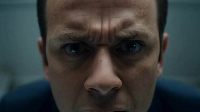 Leaning man in dark suit peering through door viewer at entry corridor, trying to identify visitor