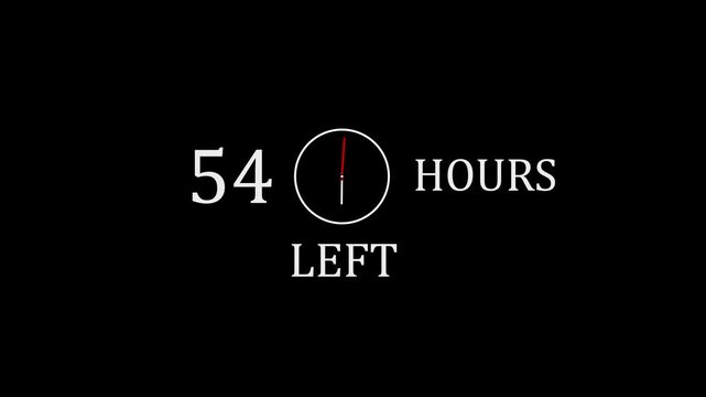 54 Hours Left Countdown Timer Concept, Deadline and Urgency Clock Icon, Limited Time Offer Alert with Minimal White Design on Black Background.with video animation.