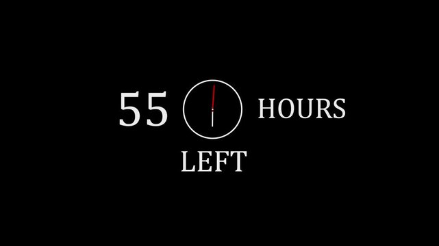 55 Hours Left Countdown Timer Concept, Deadline and Urgency Clock Icon, Limited Time Offer Alert with Minimal White Design on Black Background.with video animation.