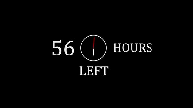 56 Hours Left Countdown Timer Concept, Deadline and Urgency Clock Icon, Limited Time Offer Alert with Minimal White Design on Black Background.with video animation.