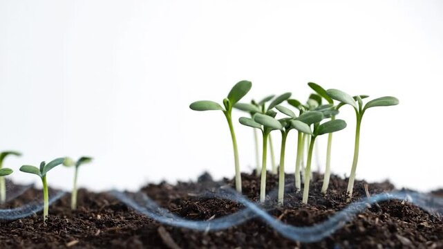 Tiny plant shoots sprout from dark soil in captivating time-lapse video with abstract blue flowing lines motion