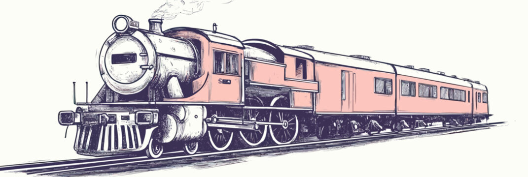 Retro steam locomotive with passenger carriages vintage train sketch in hand drawn doodle style side view minimalist vector illustration