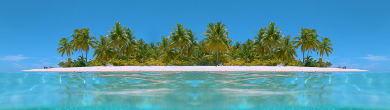 Stunning palm tree sandy shoreline of a remote island in the sunny Philippines.