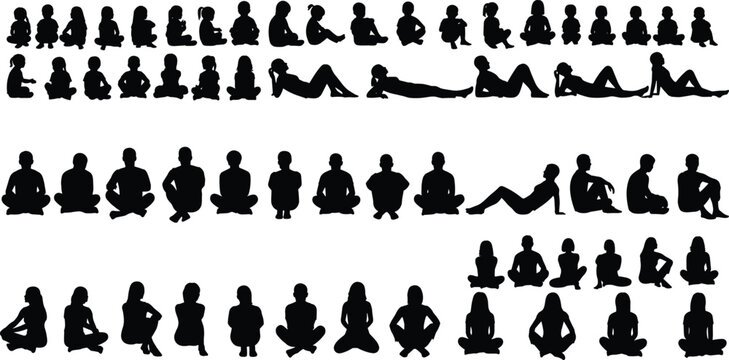 Children sitting and lying silhouettes in black and white illustration showing various body postures, yoga and relaxation poses, childhood activity collection for character design concepts