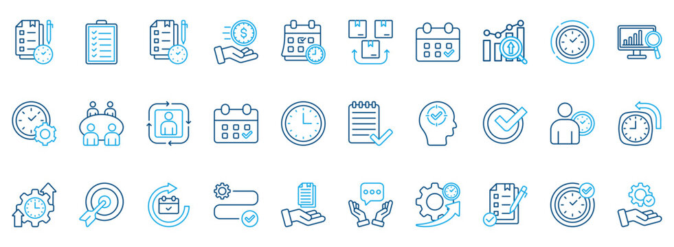 Time Management Icon Set. Contains Icons That Are Relevant For Business. Designed In Vector Outline Color Style