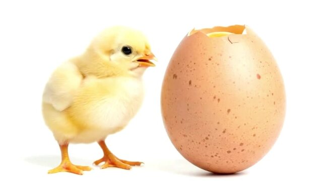 A tiny, fluffy yellow chick stands proudly beside a cracked brown eggshell on a pristine white background. The newly hatched baby bird, with its bright black eye and delicate beak, symbolizes new life