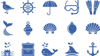 Blue nautical including bird sea creatures beach and ocean symbols © Pretty-Stock