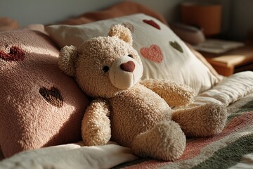 Cozy Teddy Bear on Bed: A plush teddy bear rests serenely among soft pillows and bedding, basking in the warm glow of natural light. Its presence evokes feelings of comfort and nostalgia.