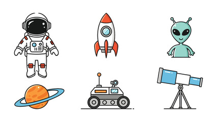Space Exploration Icons: Set of cartoonish icons, each depicting a different aspect of space exploration, including an astronaut, rocket, alien, planet, rover, and telescope. © AJM
