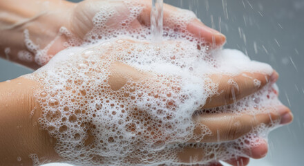 Fototapeta premium A person washing their hands with soap and water in a clean environment