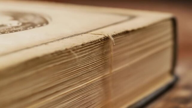 Shifting camera focusing on vintage book on wood table, highlighting sewn binding and deckled edges