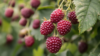 Close-up of ripe red blackberries hanging from lush green foliage emphasizing fresh fruit and