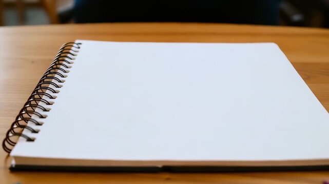 Zooming camera showing spiral sketchbook on tabletop for drawing, with color pencils framing page