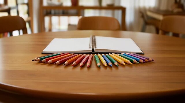 Pulling back camera revealing spiral notebook with fanned color pencils on wooden table for drawing