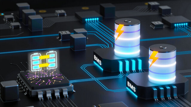 BMS-Enabled Smart Battery Cell Balancing:Real-time cell balancing on futuristic circuitry with glowing energy cells and dynamic power flow visualization.
