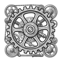 interconnected gears, chains, and springs, showcasing mechanical engineering, teamwork, and industrial design sketch engraving generative ai vector illustration. Scratch board. Black and white image.