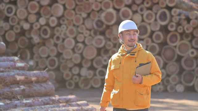 Video concept featuring a middle-aged man with a beard wearing a helmet and holding a tablet while walking, working in primary industries such as forestry (Tama Wood Center Cooperative property permis
