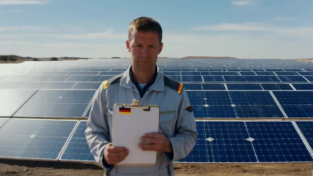 Walking tech wearing gray coverall holding flagged clipboard, checking solar panels per work order