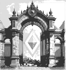 ruined gothic stone archway with rubble on the ground and a portal glowing floating in the center sketch engraving generative ai vector illustration. Scratch board imitation. Black and white.