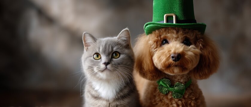 Cute cat and brown poodle dog wear green hat for St. Patrick's Day celebration, isolated against a simple background