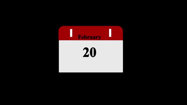 day date 25 february concept template calendar page animation concept. Calendar with the date february 20 on a black background.4k video animation.
