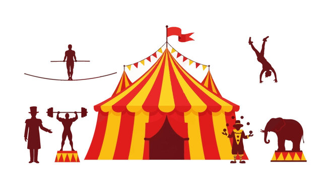 Colorful Circus Tent with Performers and Elephant Silhouette