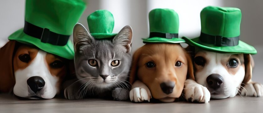 St. Patrick's Day banner with dogs and a cat in green hats celebrating the holiday on a plain background