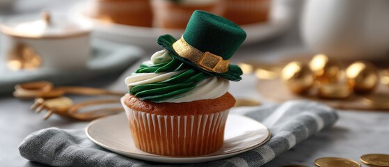 Cupcake with green cream and leprechaun hat on table with golden coins for St. Patrick's Day celebration