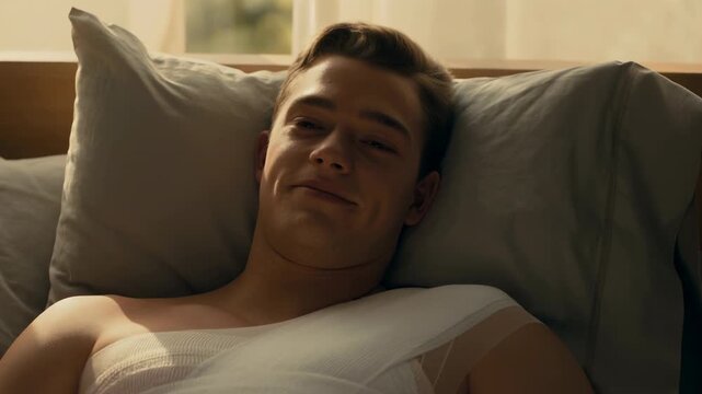 Calm Morning Repose, Serene Image Of Young Man Lying Peacefully In Soft Sunlight During Early Hours