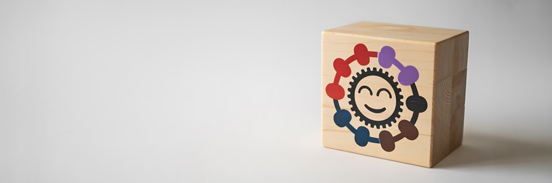 Teamwork and happiness concept with smiling gear icon block
