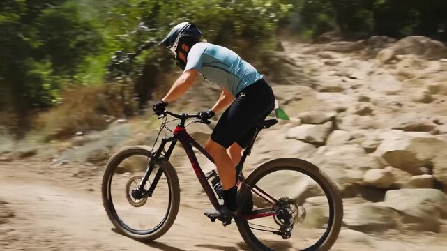 Cyclist riding bike up trail near rocks, wearing helmet, flag, dropping into trees to clear rocks