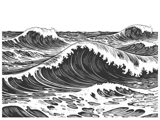 powerful stormy ocean waves, ideal for nautical, marine, or retro-themed design projects sketch engraving generative ai vector illustration. Scratch board imitation. Black and white image.