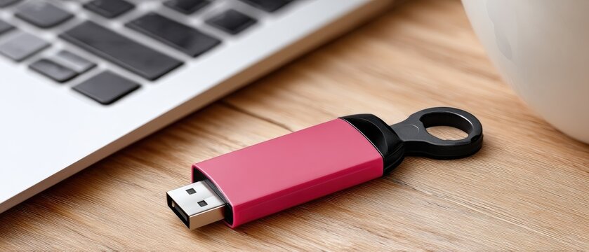 Close-up view of a black and pink flash drive on a table beside a laptop in a well-lit room