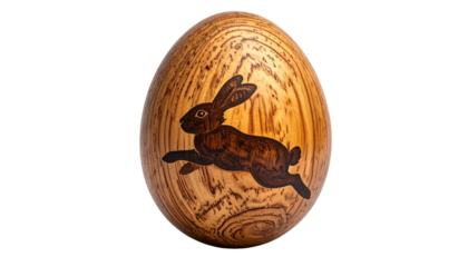 Easter egg with jumping bunny icon printed on it made of wooden board, isolated on transparent background, Easter logo