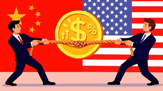 Businessmen representing United States and China pulling rope with dollar coin symbol. Concept of trade war, economic competition, global finance tension, tariffs conflict, market power struggle.