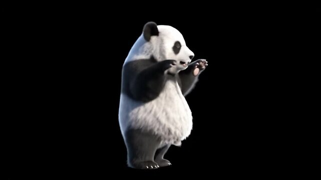 Fluffy 3D animated giant panda bear dancing and walking away from the camera on a solid black background, perfect for educational nature content or funny social media memes and creative projects