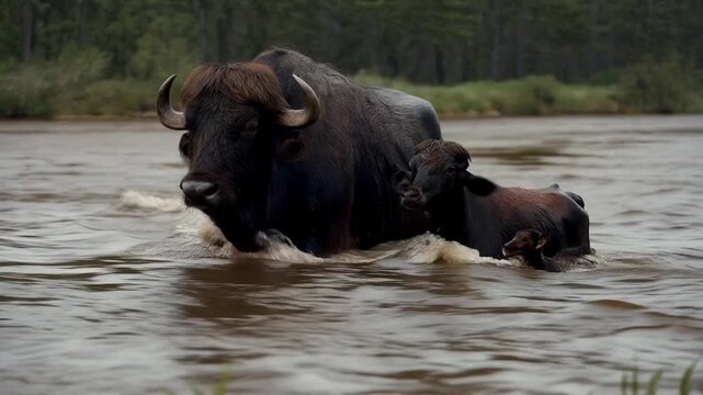 Wading adult bovid leading calf across shallow river to reach near bank, splashing water, reeds