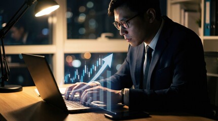 Dedicated Asian businessman analyzing financial growth data on a laptop in a dark corporate office late at night with candlestick chart overlay for investment success concept.