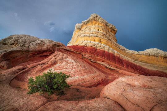 View of dramatic, undulating swirls of red and white sandstone formations rise towards a textured, layered summit under a moody sky, Marble Canyon, Arizona, United States.